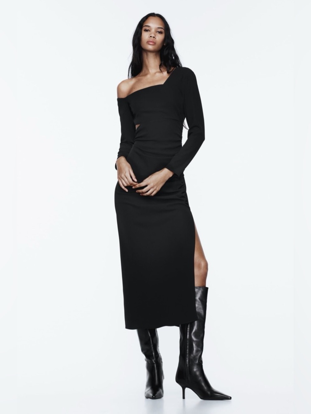 Zara Black One-Shoulder Cutout Ruched Midi Dress Side Slit Size S